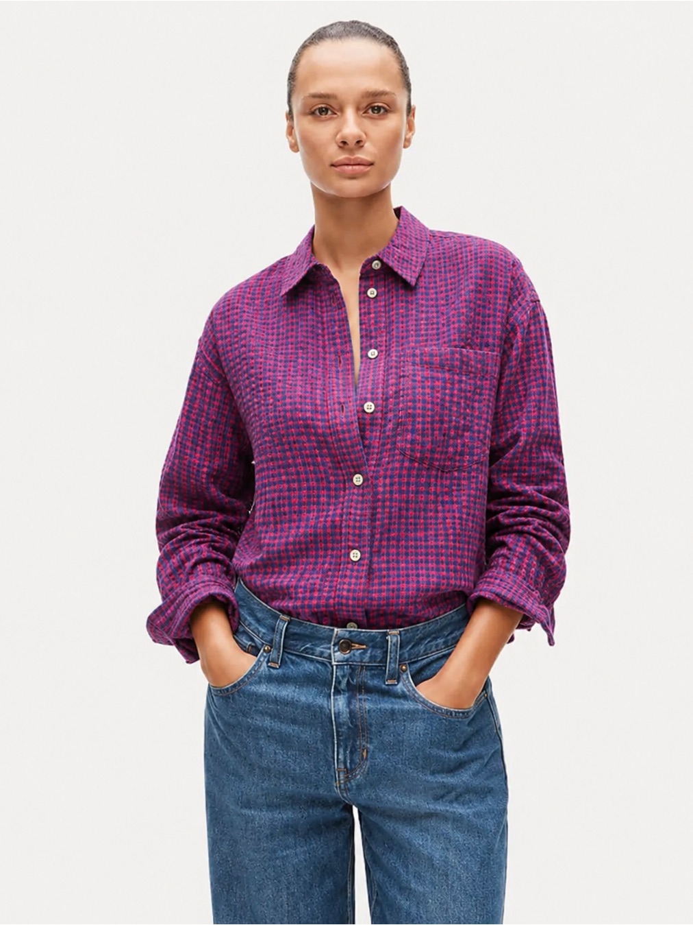 Crew Women’s Boy Fit Pink Blue Gingham Plaid Button Down Shirt Size S